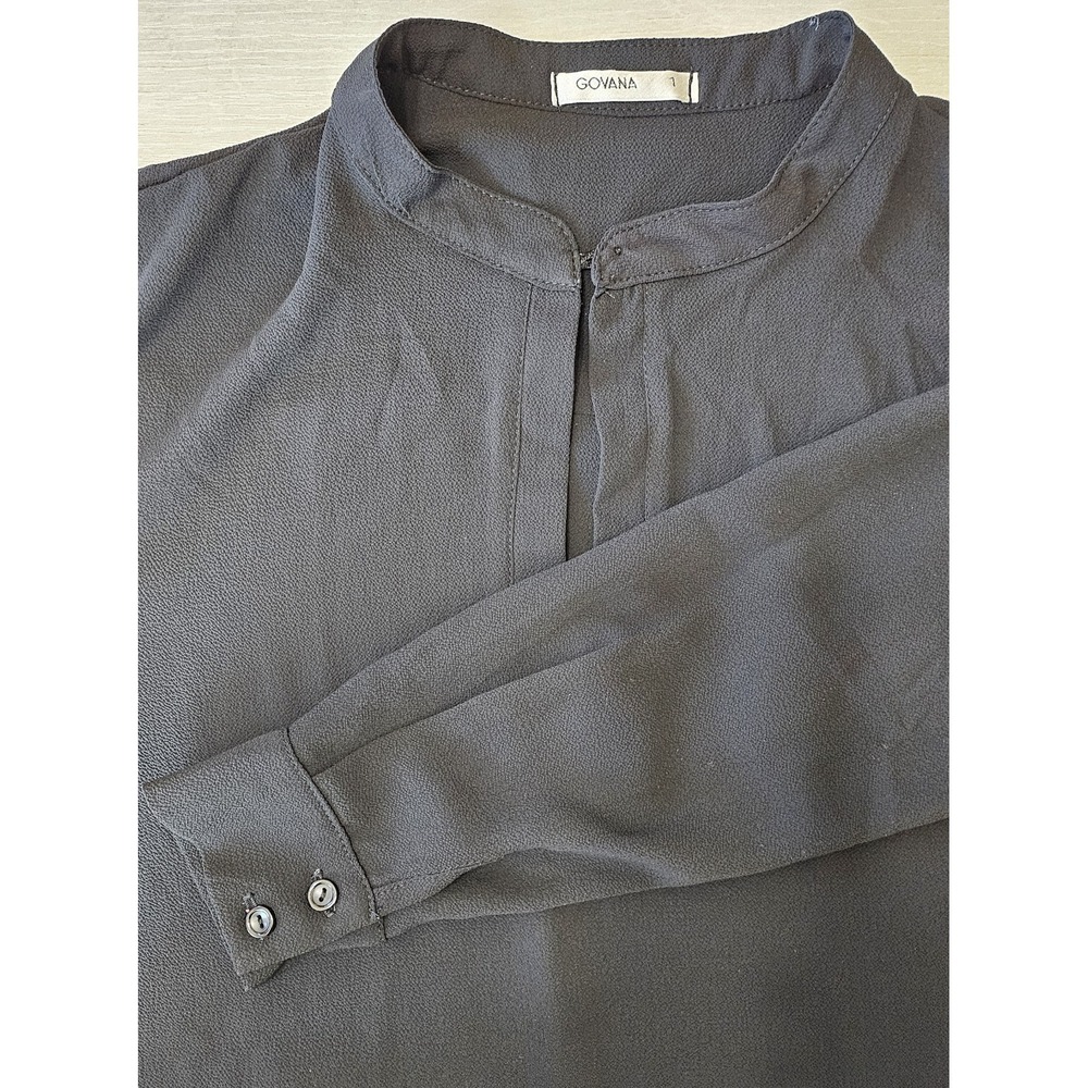 Women's Sheer Long Sleeve Blouse Govana Black Button Neck Front Pocket - Picture 9 of 11